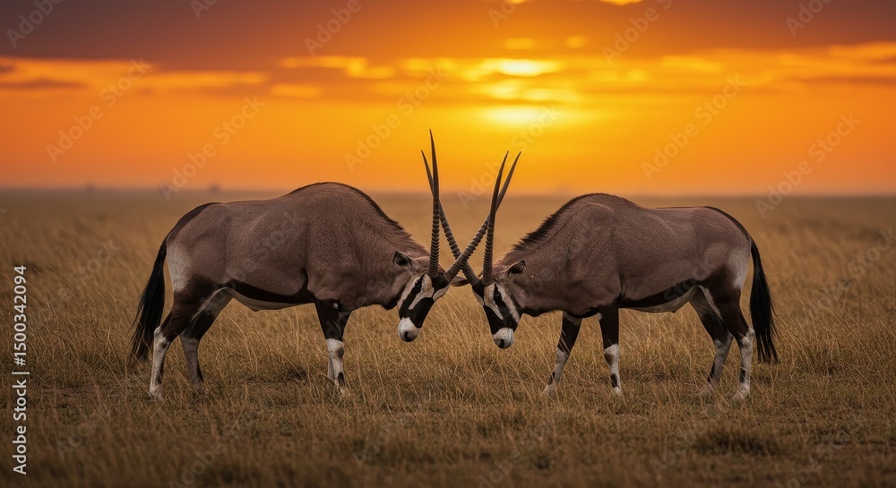 Fototapeta premium Two Oryx Antelopes Fighting Under The Golden Sunset Sky in African Savanna Photo