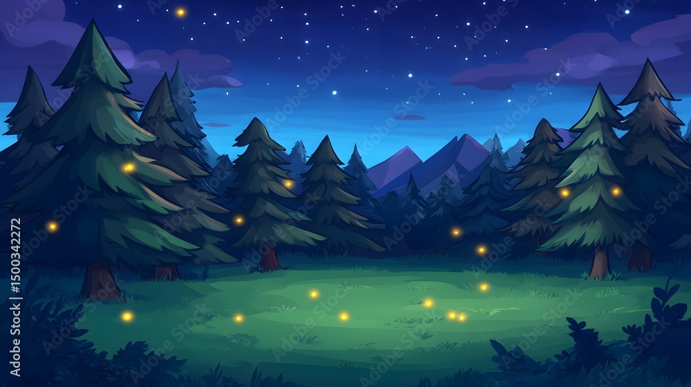Naklejka premium Enchanted Night Forest Scene with Fireflies and Mountains