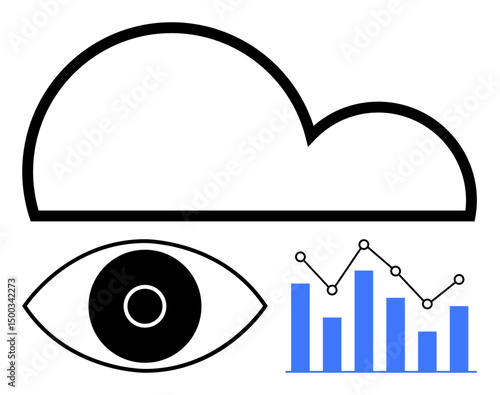 Cloud above a viewing eye and analytics chart with bars and dots. Ideal for data security, cloud storage, monitoring, statistics, technology, innovation, simple landing page