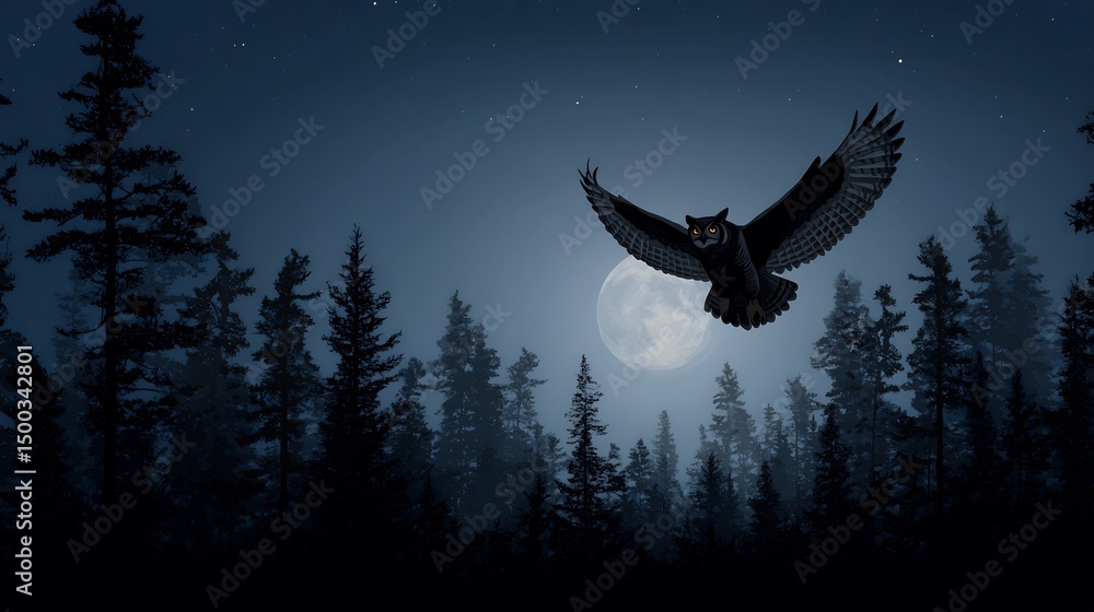 Fototapeta premium Silhouette of great horned owl Bubo virginianus in flight across a moonlit sky pine forest background starlit night mysterious ambiance clean image with nature theme