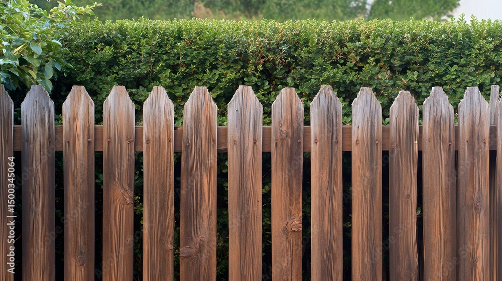 Fototapeta premium Rustic Wooden Fence with Green Hedge Background
