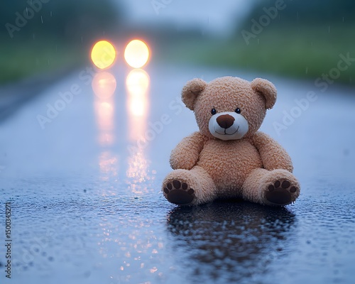 Lonely Teddy Bear in the Rain at Night