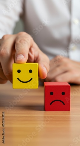 Person selecting a positive wooden cube face over a negative one in studio shot photo