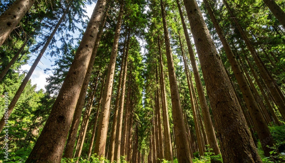 Obraz premium Tall Trees Reach for the Sky in Lush Forest with Sunlight, and Nature Background.