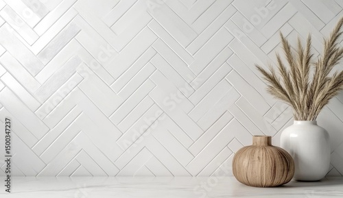 Fototapeta Naklejka Na Ścianę i Meble -  Minimalist, white herringbone tile wall with a wooden and white vase arrangement