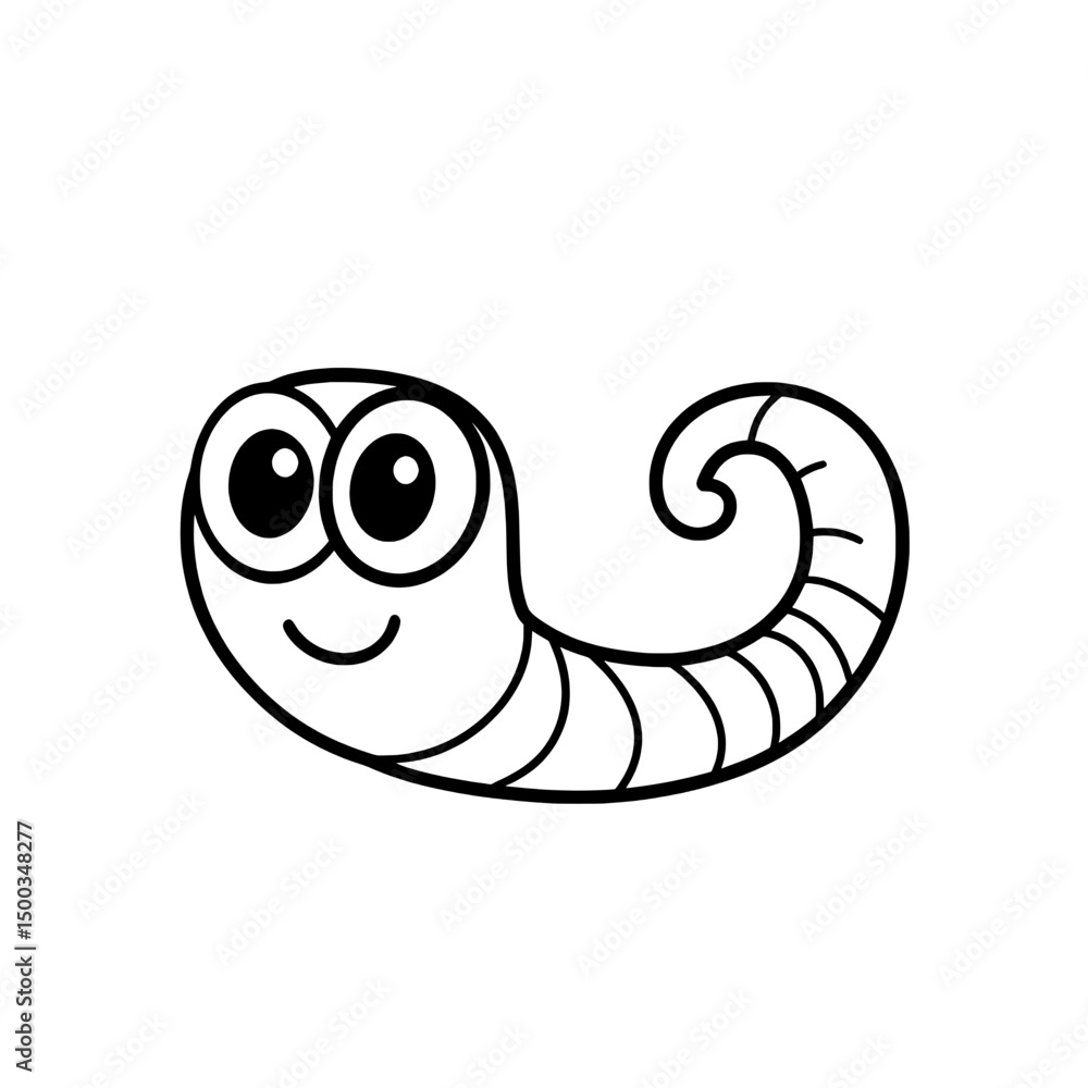 Naklejka premium Cute smiling worm with curled body and expressive eyes in black outline cartoon design for children’s content