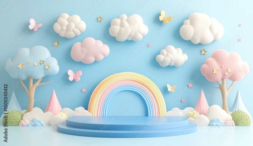 Pastel-colored 3D scene with clouds, trees, rainbow, and pedestal Pastel-colored 3D scene with clouds, trees, rainbow, and pedestal