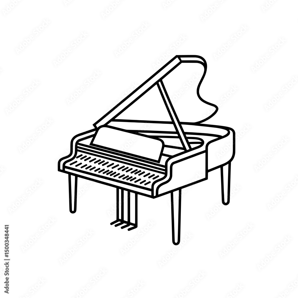 Black outline of a grand piano icon with open lid and detailed keys symbolizing classical music or instrumental design Black outline of a grand piano icon with open lid and detailed keys symbolizing classical music or instrumental design