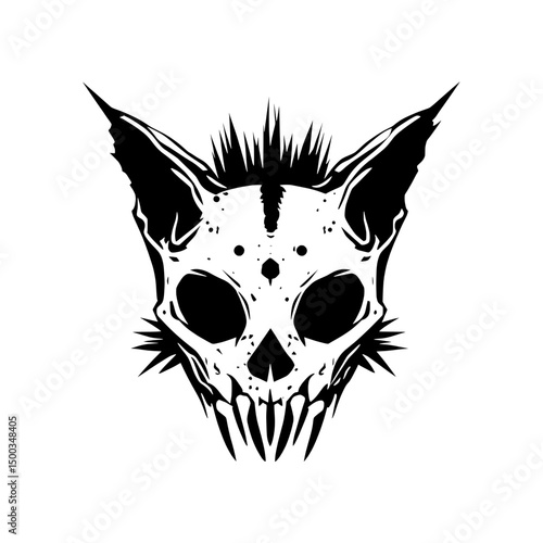 Angry skull of a feline creature with sharp teeth and spiked fur in black silhouette representing dark fantasy or horror theme
