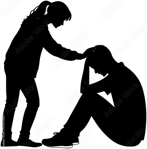 Silhouette of a Woman Comforting a Sad Man, Emotional Support and Empathy Concept