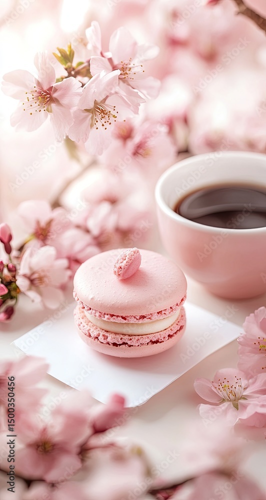 Fototapeta premium Delicate Pink Macaron with Cherry Blossom Background