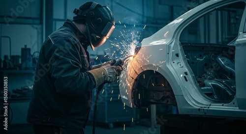 Auto body repair with welding torch. A professional welder meticulously repairs the metal framework of a vehicle.