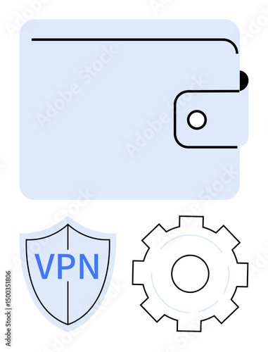 Wallet icon with a shield labeled VPN and a gear cog. Ideal for digital security, privacy, internet safety, finance management, encryption, tech tools, and simple landing page