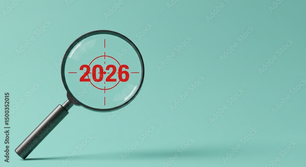 Magnifying glass focuses on the year 2026, symbolizing targets, goals, or forecasts related to that specific timeframe. Magnifying glass focuses on the year 2026, symbolizing targets, goals, or forecasts related to that specific timeframe.