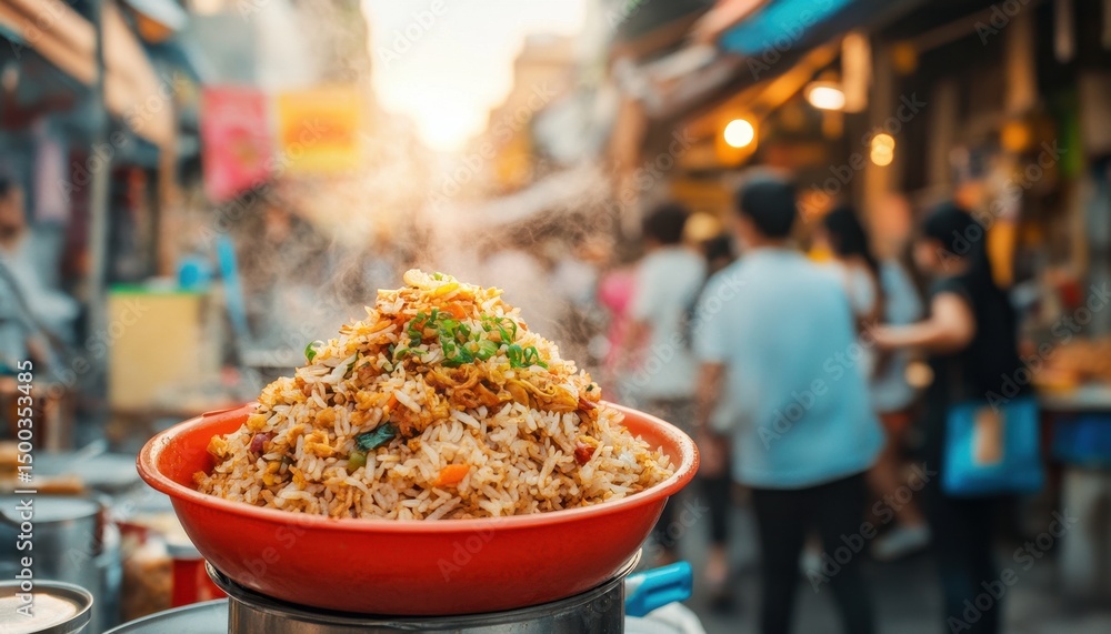 Fototapeta premium Piatto di cibo da strada in una vivace strada asiatica