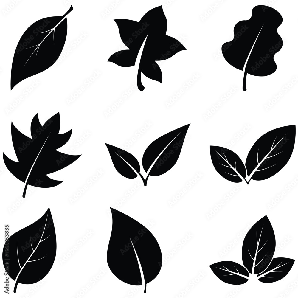 Fototapeta premium leaf glyph icon set featuring minimalist and nature-inspired designs. Perfect for eco-friendly branding, sustainability projects, organic products, and environmental themes