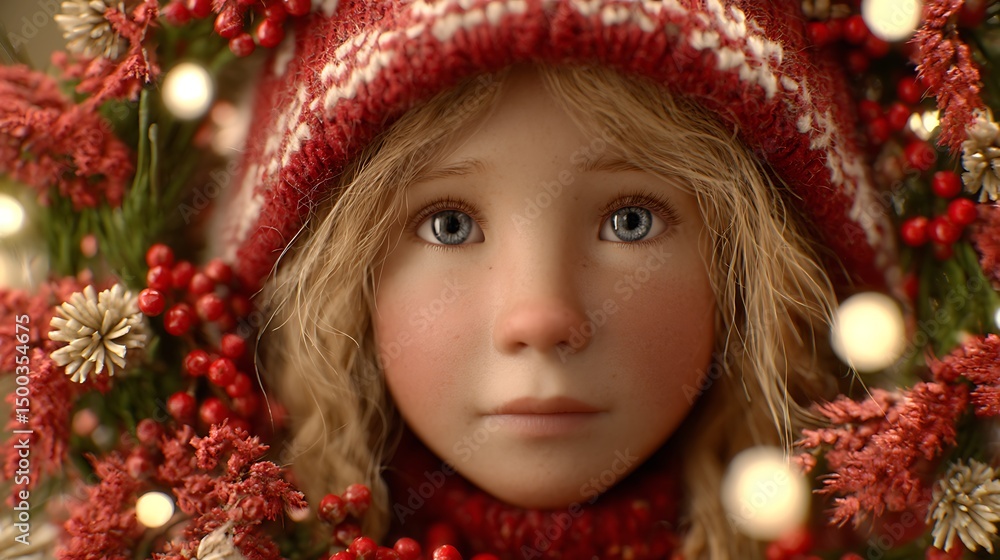 Adorable Girl in Red Knit Hat Framed by Festive Christmas Wreath Adorable Girl in Red Knit Hat Framed by Festive Christmas Wreath
