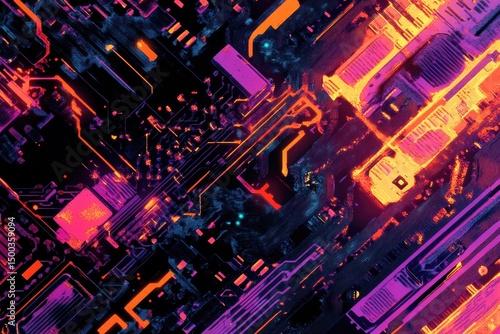 Abstract circuit board pattern with vibrant colors