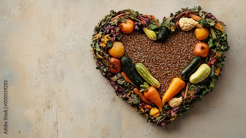 A Conceptual Image of a Food Bank Logo Featuring a Heart Symbol Made From Vegetables and Grains a Neutral Background