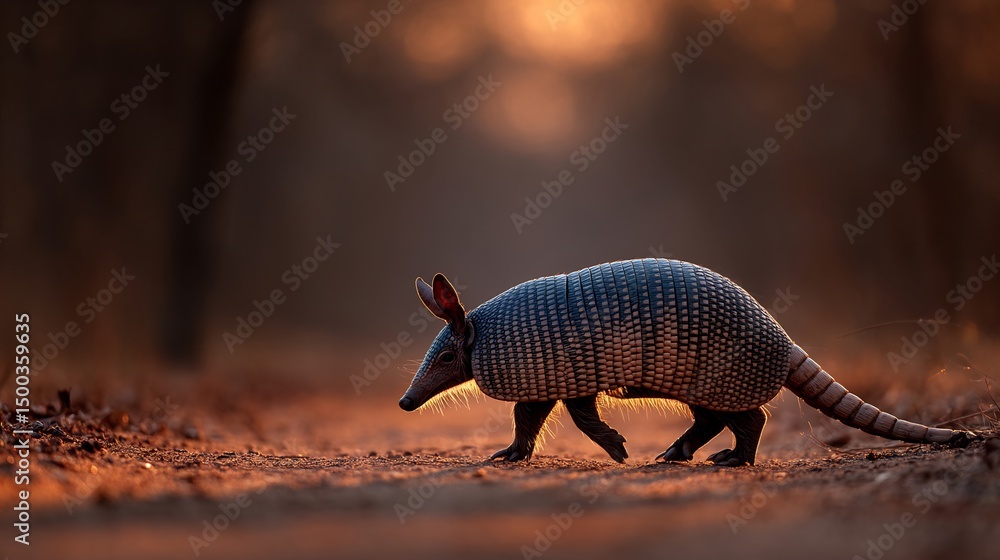 Obraz premium Silhouette of armadillo Dasypus novemcinctus walking on a dirt path in a dry woodland evening glow clean natural background