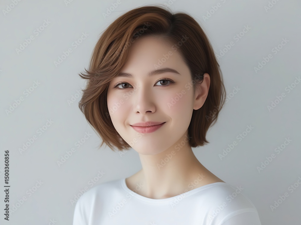 Portrait of a Smiling Young Woman with Short Hair in Minimalist Style Portrait of a Smiling Young Woman with Short Hair in Minimalist Style