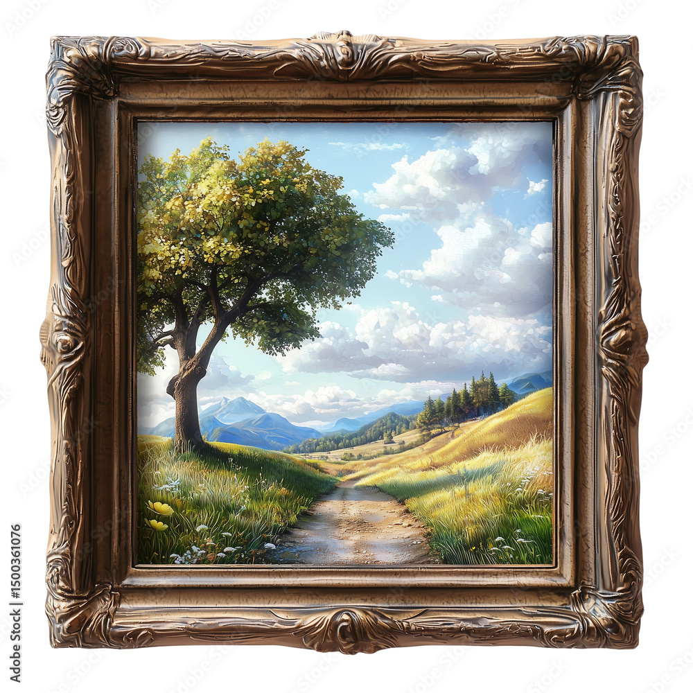 Fototapeta premium Framed landscape scenic artwork of mountains and trees in daytime isolated on transparent background 