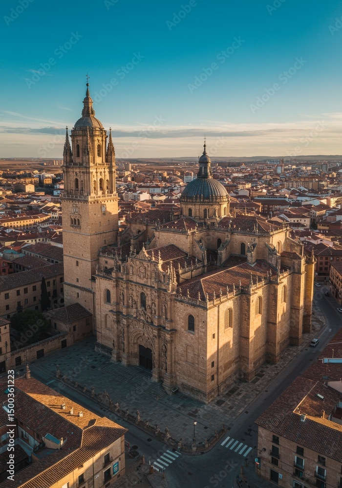 Naklejka premium Aerial Photo of Cathedral in Salamanca Spain under Blue Sky and Golden Hour Light