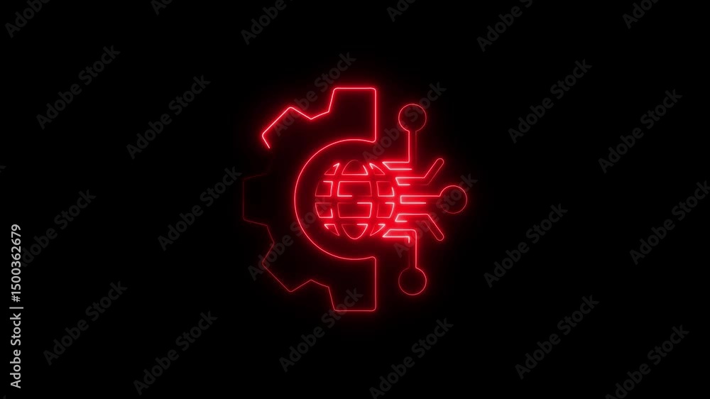 Neon red gear globe circuitry technology concept abstract illustration on black background Neon red gear globe circuitry technology concept abstract illustration on black background