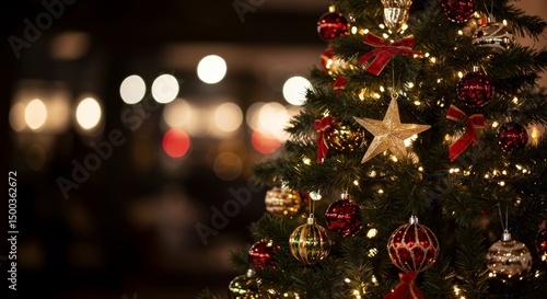 Christmas Tree Photo with Ornaments and Lights on a Dark Background