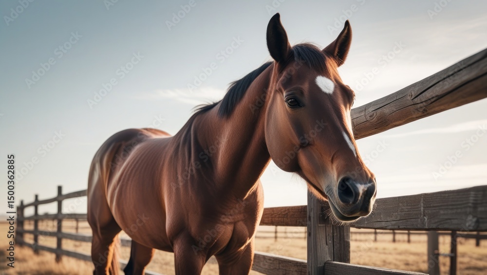 Obraz premium A sturdy ranch horse stands calmly beside a wooden fence, its sleek coat shining under the open sky, embodying the spirit of rural life without showing any human presence.