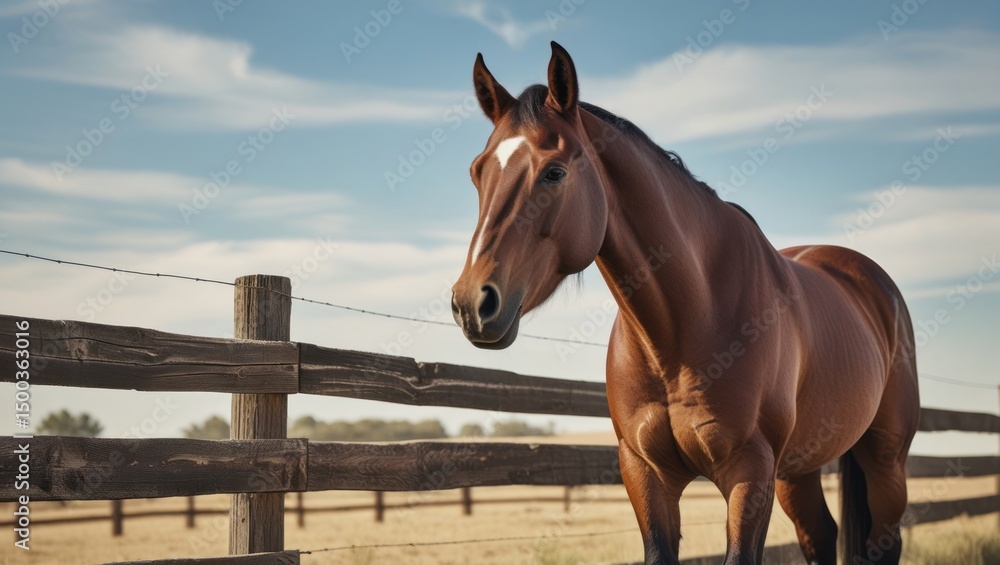 Obraz premium A sturdy ranch horse stands calmly beside a wooden fence, its sleek coat shining under the open sky, embodying the spirit of rural life without showing any human presence. 