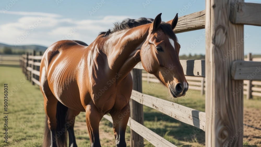 Fototapeta premium A sturdy ranch horse stands calmly beside a wooden fence, its sleek coat shining under the open sky, embodying the spirit of rural life without showing any human presence.