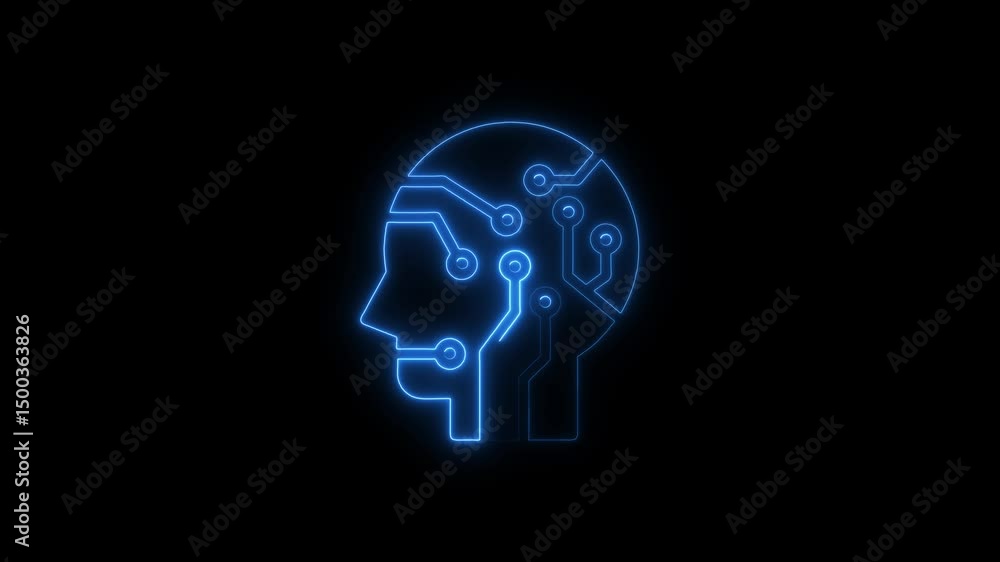 Artificial intelligence brain circuitry representation glowing neon blue on black background Artificial intelligence brain circuitry representation glowing neon blue on black background