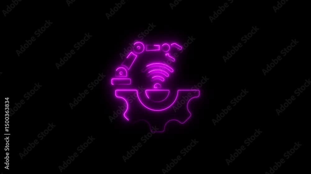 Neon robotic arm automates gear symbol illustrating smart factory technology Neon robotic arm automates gear symbol illustrating smart factory technology