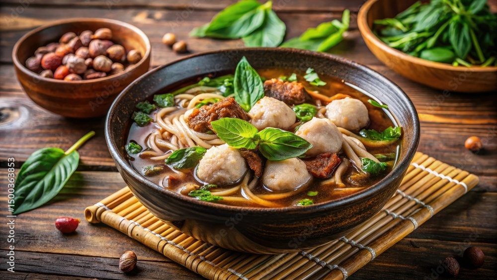Macro Thai Boat Noodles Photography: Close-up Thickened Soup, Crispy Pork, Basil, Pork Balls Macro Thai Boat Noodles Photography: Close-up Thickened Soup, Crispy Pork, Basil, Pork Balls