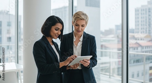 Two Businesswomen Collaborating on a Tablet, Modern Office Setting