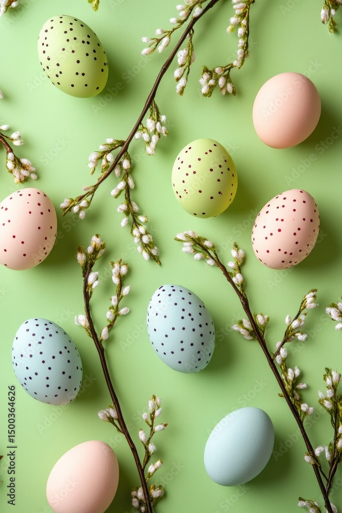 Fototapeta premium Pastel Easter eggs and sprigs on mint green