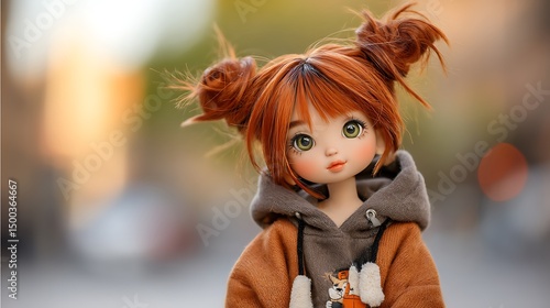 Adorable redhead doll wearing a brown hoodie poses outdoors with a blurred autumn background.