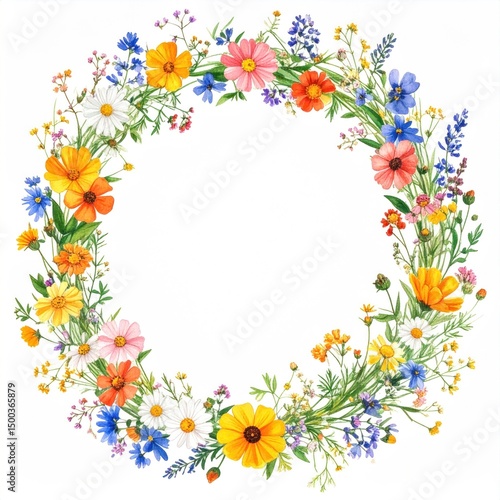 Vibrant floral wreath.  A circular arrangement of various wildflowers