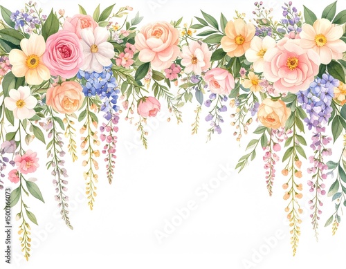 Floral garland with pastel roses and wispy vines.  Delicate blooms in various shades of pink, peach, light purple, and white, cascading downward in a beautiful, flowing arrangement