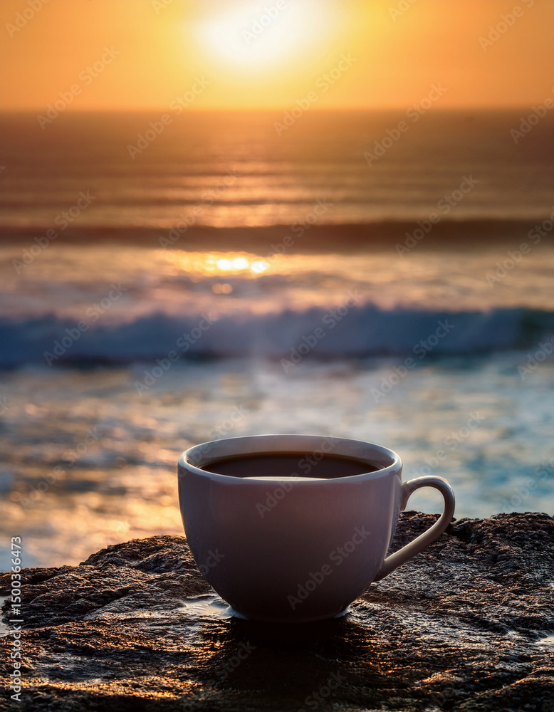 A steaming cup of coffee rests on a rock by the ocean as the sun rises above the horizon, casting golden light over the waves and creating a serene, peaceful atmosphere. A steaming cup of coffee rests on a rock by the ocean as the sun rises above the horizon, casting golden light over the waves and creating a serene, peaceful atmosphere.
