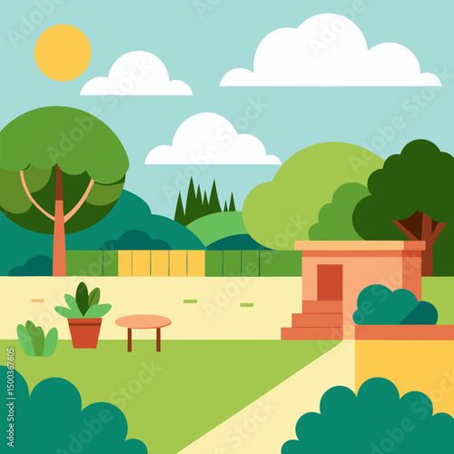 View of the backyard of the house with a clearing and trees. Terrace panorama, vector landscape background.