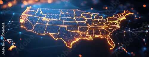 US network map, glowing states, global connection