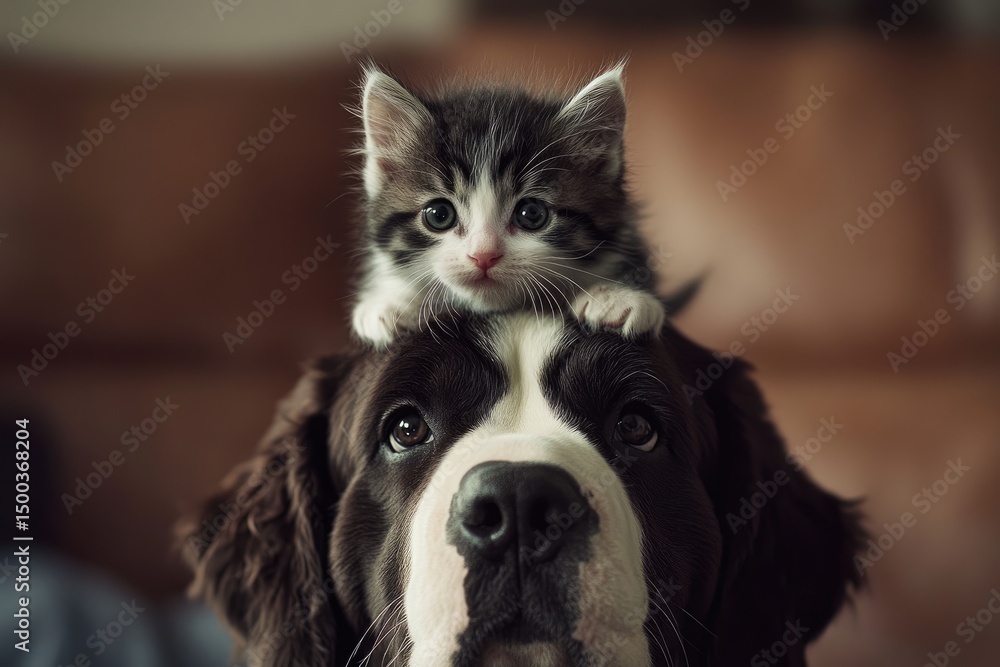 Kitten perched on Saint Bernard's head. Close-up. Sweet. Animals Kitten perched on Saint Bernard's head. Close-up. Sweet. Animals