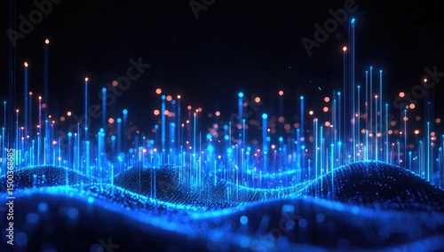 Abstract digital landscape with glowing, vertical lines and particles