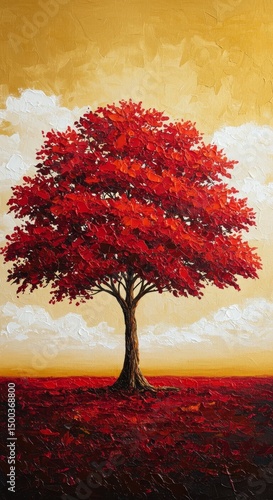 Illustration of a Red Tree Against a Golden Sky with White Clouds and Red Ground