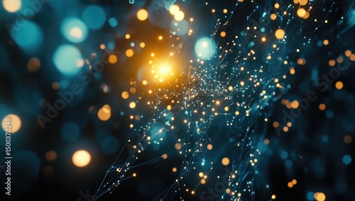 Abstract digital artwork with glowing particles and lines. Deep teal and gold hues