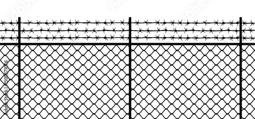 The image shows a black and white illustration of a chain-link fence topped with three rows of barbed wire.  The style is simple and graphic, lacking any contextual elements beyond the fence itself.