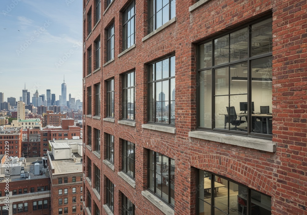 Fototapeta premium Exterior View of Brick Building with Large Windows and City Skyline Photo