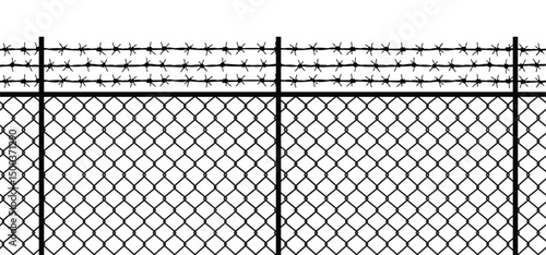 The image shows a black and white illustration of a chain-link fence topped with three rows of barbed wire.  The style is simple and graphic, lacking any contextual elements beyond the fence itself.